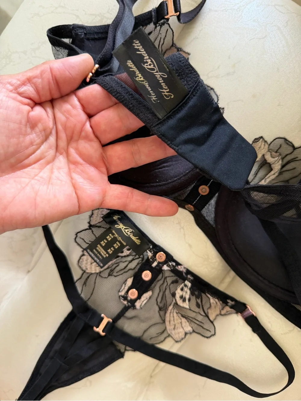 Honey Birdette Black Sheer Mesh Bra & Thong with Pink and Orange Embroidery - Picture 10 of 13